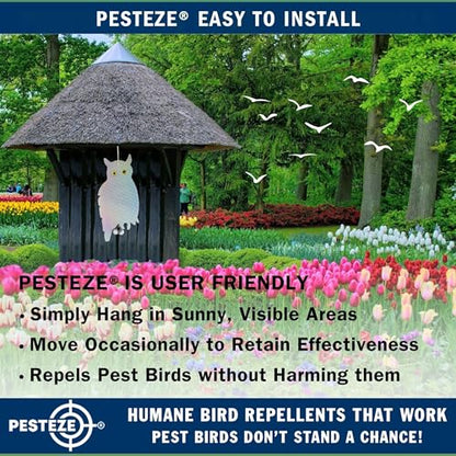 PESTEZE USA Owl Bird Repellent Holographic Decoy with 2 Bells [9 x 15 inch] to Deter Woodpeckers, Pigeons, Crows, Ducks, Geese & Critters Using Reflective Scare Patterns for Humane Property Protection