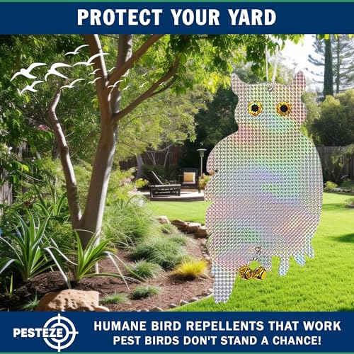 PESTEZE USA Owl Bird Repellent Holographic Decoy with 2 Bells [9 x 15 inch] to Deter Woodpeckers, Pigeons, Crows, Ducks, Geese & Critters Using Reflective Scare Patterns for Humane Property Protection