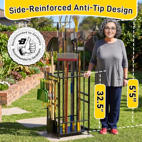 Garden Tool Organizer, Up 48 Long Handle Tool, Garage Storage and Organization with Side Hook for Broom/Rake/Shovel/T-Handle Tool, Heavy Duty Steel Outdoor Tool Rack,Yard Tool Stand for Shed
