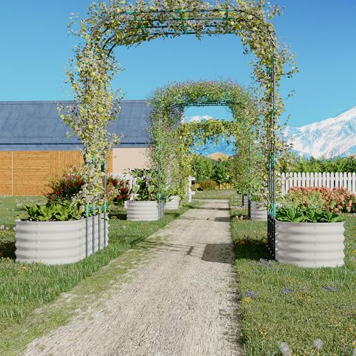 GarveeLife Galvanized Raised Garden Bed with 96 in Tall Vertical Arch Trellis – Expandable Rust-Resistant Planter Box for Outdoor Plants, Flowers, Vines – Includes Plant Clips, Drainage Netting, Beige