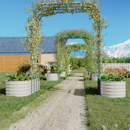 GarveeLife Galvanized Raised Garden Bed with 96 in Tall Vertical Arch Trellis – Expandable Rust-Resistant Planter Box for Outdoor Plants, Flowers, Vines – Includes Plant Clips, Drainage Netting, Beige