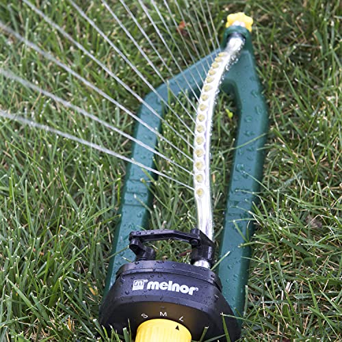 Melnor 65151AMZ Oscillating Sprinkler, Covers Up to 3,000 Sq. Ft., Small Medium Large Coverage Adjustment, 15 Precision Nozzles, Quick Connect Bundle, Green, Yellow - style: 3,000 sq. ft.