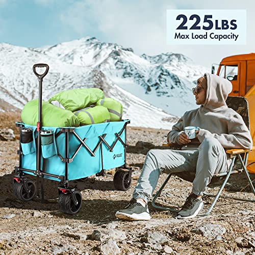 VILLEY Collapsible Folding Wagon with Big Wheels, All Terrain Beach Wagon Cart Heavy Duty Foldable, Enlarged 225lbs Capacity, Portable Utility Garden Cart with 2 Cup Holders and Brake, Blue - color: Blue