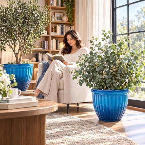 Autodaya 15" Large Planters for Outdoor Plants Set of 2 Plastic Flower Pots - color: 15" Gradient Cobalt Blue Finish
