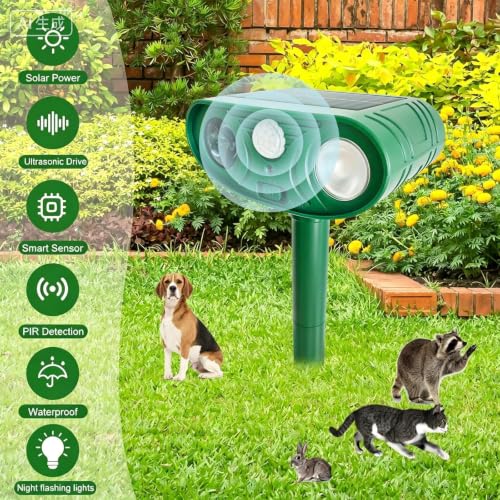 Solar Ultrasonic Animal Repellent, Cat Repellent Outdoor with Motion Sensor,Sound and LED Flashing,Waterproof Deer Repeller,Squirrel Repellent for Dog Bird,Deer Raccoon Repellent for Pasture B