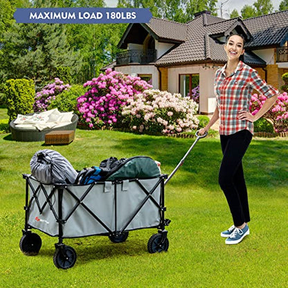 Goplus Collapsible Wagon, Folding Utility Wagon Cart w/Universal Wheels & Adjustable Handle & Cover Bag, Grocery Wagon for Garden Shopping Camping (Grey) - color: Gray