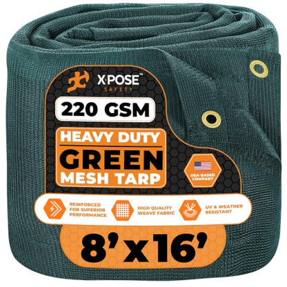 Xpose Safety Heavy Duty Green Mesh Tarp 8' x 16' – 70% Sunblock Shade Cloth with Grommets for Garden, Fence, Privacy Screen, Canopies, Dump Trucks, Pool Cover – Tear & Weather Resistant - color: Green, size: 8' X 16'