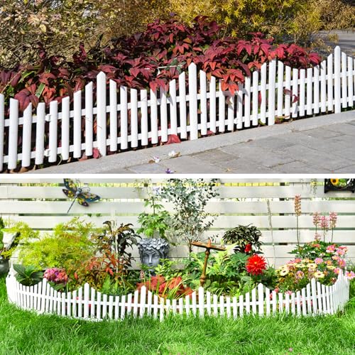 Sungmor Lightweight & Flexible Plastic White Edging Garden Picket Fence, Pack of 4 (One Piece L:24in, W:0.3in, H:13in) Above Ground Height 9.5in, Decorative Landscape Lawn Flowerbed Border Path Panel