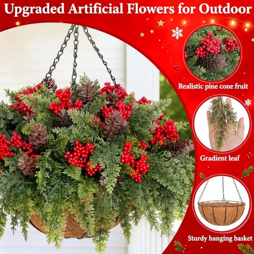 2 Set Christmas Hanging Baskets, Winter Hanging Baskets for Outdoors - color: Cedar