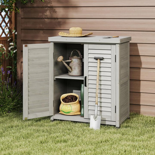 YOPTO Outdoor Wood Storage Cabinet,Garden Shed Tool with Metal Table Top, Backyard Waterproof Shelter W/Ventilated Screen Door & 2 Handles,2 Compartments,Workstation for Lawn,31x17x36'',Grey - color: 31.5"+grey