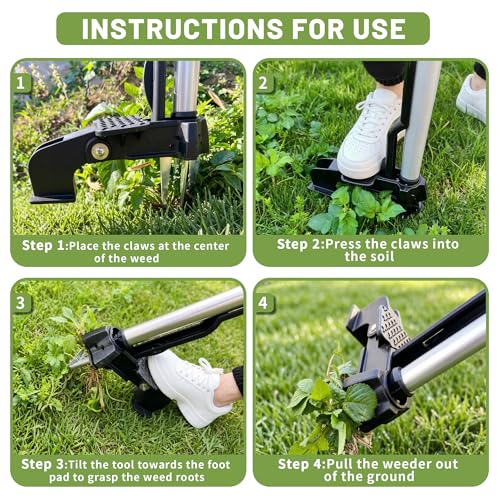Standing Weed Puller Tool with 4 Claws, Upgraded Weed Remover Tool with Long Handle, Heavy Duty Weed Puller for Dandelion, Stand Up Weeder Root Removal Tool for Garden Lawn Yard
