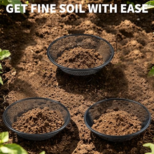 3 PCS Soil Sifter for Gardening,1/4,1/6,1/9 Inch Heavy Duty Rock Dirt Compost Sifter Fits 5 Gallon Bucket,Black Stainless Steel Fine Dirt Garden Sifter for Gravel,Filtering Compost