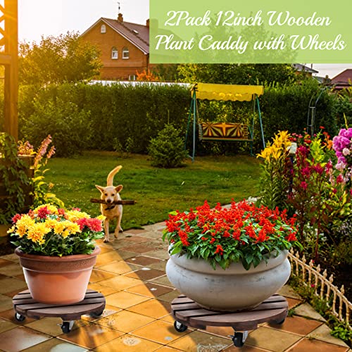 HOHY 2PCS Plant Caddy 12" Plant Stand with Wheels Wood Rolling Plant Stand