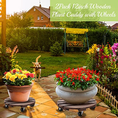 HOHY 2PCS Plant Caddy 12" Plant Stand with Wheels Wood Rolling Plant Stand