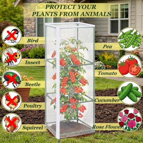 3PCS Garden Bird Netting for Square Tomato Cage with Zipper & Drawstring - size: 17.7x17.7x59in