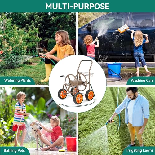 250FT Garden Hose Reel Cart, 10" NO-FLAT Tires,5/8 in, Steel Frame - color: Brown