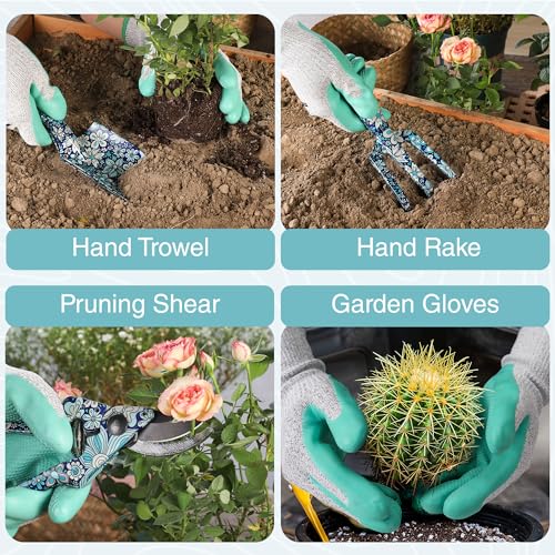 WORKPRO 5PCS Garden Tool Set, Aluminum Heavy Duty Gardening Tool Set - style: Blue flower with bag
