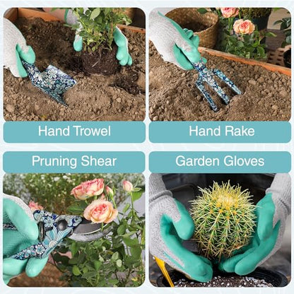 WORKPRO 5PCS Garden Tool Set, Aluminum Heavy Duty Gardening Tool Set - style: Blue flower with bag