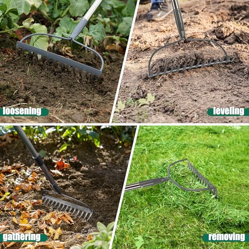 Rake for Leaves, Garden Bow Rake Heavy Duty, 48 in Leaf Rakes for Lawns, Yard Gardening Tools with Back-Saving Handle, 14 Metal Tines Head for Loosen Soil, Clear Gravel Grass Rock, Level Mulch - size: 4 FT