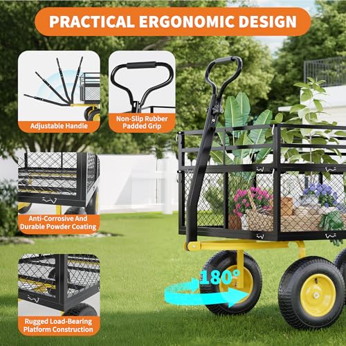 3-in-1 Heavy-Duty Steel Garden Cart, 1400 Lbs Garden Wagon, with 13 Inch All-Terrain Tires and Removable Mesh Side Panels, 180° Rotating Handle, Metal Multi-Function Carts, Outdoor Gardens Wagon Cart - color: Black + Yellow, size: 1400 Lb