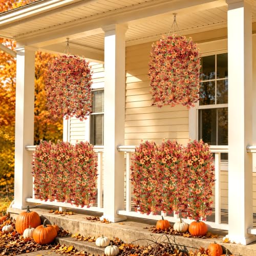 6 Pcs Artificial Hanging Mums for Outdoors, UV Resistant Fake Fall Flowers - color: Red Orange