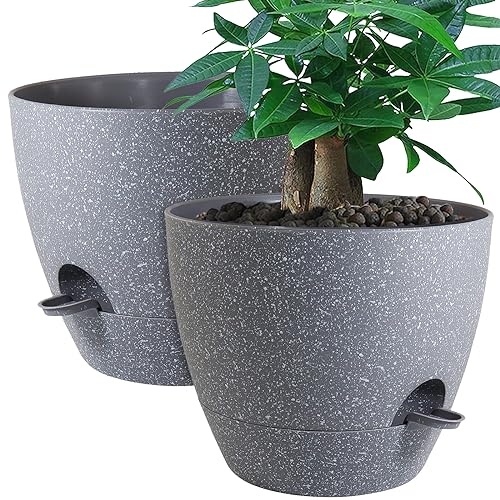 UOUZ 12inch 2Pack Large Self Watering Planters, Plastic Plant Pots with 60oZ Removable Deep Reservoir and Multi Mesh Drainage Holes for Indoor Outdoor Garden Plants and Flowers, Grey Speckles - color: Grey Speckles