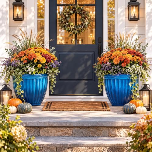 Autodaya 15" Large Planters for Outdoor Plants Set of 2 Plastic Flower Pots - color: 15" Gradient Cobalt Blue Finish