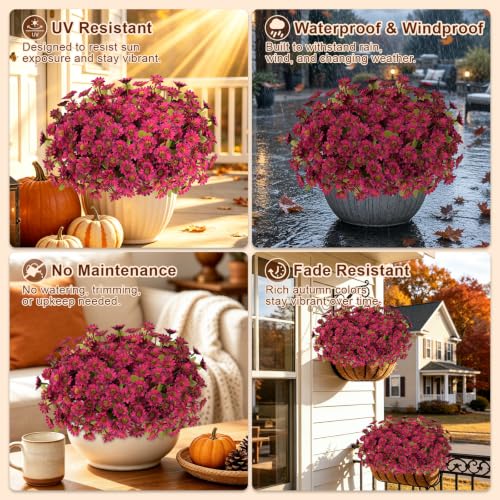 Fake Mums Artificial Fall Flowers for Outdoors Silk Daisy Bulk - color: Burgundy