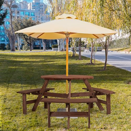 6 Person Outdoor Picnic Table, Wooden Picnic Tables with 3 Built-in Benches Table and Chairs Set with Umbrella Hole Outside Table and Bench Round Picnic Table Patio Tables for Garden, Backyard, Porch - size: 6Person-Brown