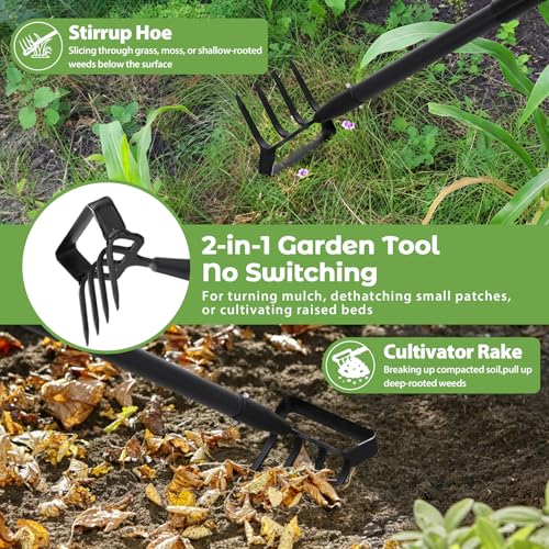 Garden Hoe,2 in 1 Heavy Duty Stirrup Hoe and Cultivator Gardening Tool Set with 62 inch Long Handle,Lightweight Hoes Weeding Rake for Fast Weeds Grass Removal,Cultivating, Loosen Soil, Sharp Edge - size: 62"