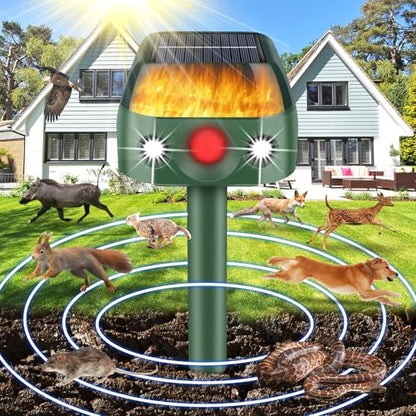 Ultrasonic Animal Repellent Outdoor,2026 Solar Animal Repeller,360°Cat Repellent Outdoor with Motion Sensor & Flame Light,Waterproof Deer Repellent Devices for Repelling Deer,Rabbit,Raccoon,Squirrels
