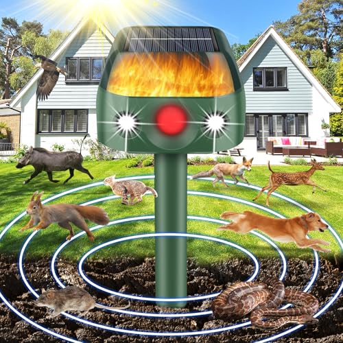 Ultrasonic Animal Repellent Outdoor,2026 Solar Animal Repeller,360°Cat Repellent Outdoor with Motion Sensor & Flame Light,Waterproof Deer Repellent Devices for Repelling Deer,Rabbit,Raccoon,Squirrels