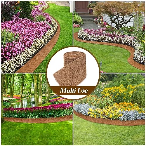 Natural Mulch for Landscaping 120" X 6.3", Coconut Fiber Mulch Mat Roll with 16 U-Shaped Steel Stakes, Garden Edging Border Mat Natural Looking Permanent Mulch Barrier for Plants Vegetables & Flowers