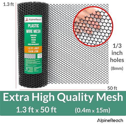 AlpineReach Plastic Chicken Wire Fencing Mesh 1.3ft x 50ft Roll with Zip Ties - Ideal for Poultry, Dogs, Rabbit Barrier & Gardening, Durable UV Resistant, Versatile Rigid Fence, Black (15.7" x 600") - size: 1.3ft x 50ft