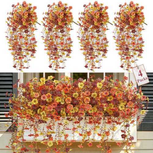 4Pcs Artificial Fall Flowers for Outdoor, Fake Mums UV Resistant Decoration - color: Orange Yellow Brown