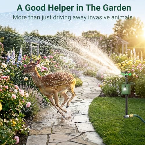 Motion Activated Animal Repeller with Water Sprinkler, Deer Repellent Devices Solar Powered, IP65 Waterproof Cat Repellent Outdoor with Flashing Light, Deter Deer Foxes Skunks Raccoons from Garden