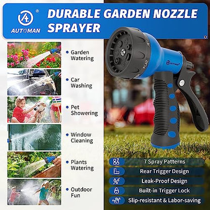 AUTOMAN-Garden-Hose-Nozzle,ABS Water Spray Nozzle with Heavy Duty 7 Adjustable Watering Patterns,Slip Resistant for Watering Plants,Lawn& Garden,Washing Cars,Cleaning,Showering Pets - Blue - color: Blue