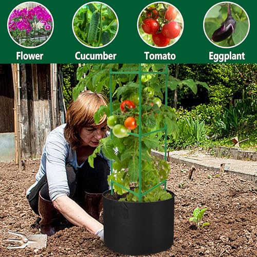 4 Packs 47 x 12 Inch Garden Tomato Cages with Grow Bags- Triangle Plant Support Trellis Assembled with Planter Bags- Garden Cucumber Vegetables Frames for Vertical Climbing Plants - style: Triangle-4 Set