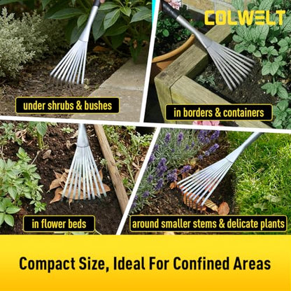 Colwelt Hand Rake 16.5", Small Rake for Gardening with 9 Resilient Flat Tines, Metal Mini Rake with Hanging Hole for Storage, Hand Fan Rake for Leaves, Loosening Soil, Spreading Mulch, Flower Beds