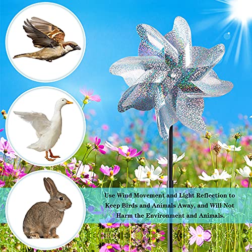 NOVWANG 16 PCS Reflective Pinwheels with Stakes, Extra Sparkly Pinwheels for Yard and Garden Pinwheels Bulk, Bird and Animal Deterrent Device to Scare Birds Away from Patio(Silver)