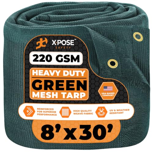 Xpose Safety Heavy Duty Green Mesh Tarp 8' x 30' – 70% Sunblock Shade Cloth with Grommets for Garden, Fence, Privacy Screen, Canopies, Dump Trucks, Pool Cover – Tear & Weather Resistant - color: Green, size: 8' X 30'
