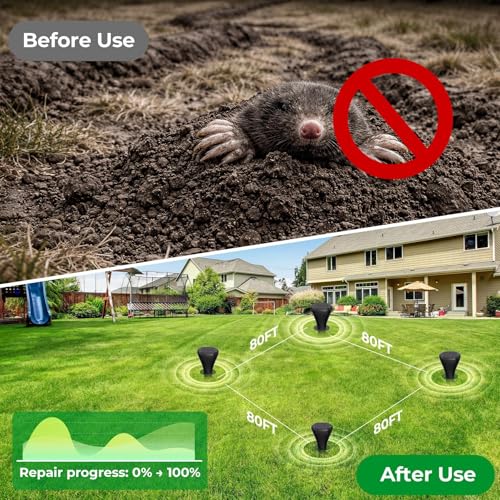 Solar Powered Mole Repellent for Lawns, 8 Pack Ultrasonic Vole Repeller Outdoor, IP 65 Waterproof Outdoor Ultrasonic Mole Deterrent Get Rid of Gopher Vole Skunk Groundhog in Garden Yard