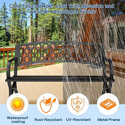Outdoor Bench Garden Benchs, Weatherproof Anti-Rust Heavy-Duty Outside Bench Clearance, Wrought Iron Metal Bench for Front Porch, Patio, Park, Ergonomic Backrest, Slatted Seat - style: Quadrilateral