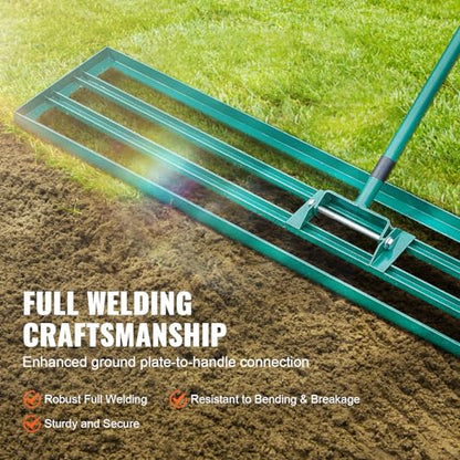 VEVOR Lawn Leveling Rake, 48""x10"" Level Lawn Tool, Heavy-Duty Lawn Leveler with 78"" Steel Extended Handle, Yard Leveling Rake Suit for Garden, Golf Lawn, Farm, Green - size: 48x10 in, style: Classic: Alloy