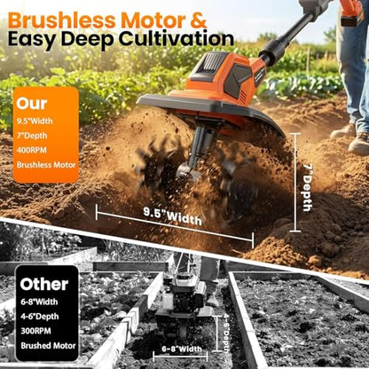 20V Cordlees Tiller Cultivator for Gardening, 400RPM Brushless Electric Garden Tiller Battery Powered((2*3.0Ah Battery&Charger), 9.5"Width 7"Depth, Garden Rototiller for Yard/Lawn/Soil Tiller (Orange)