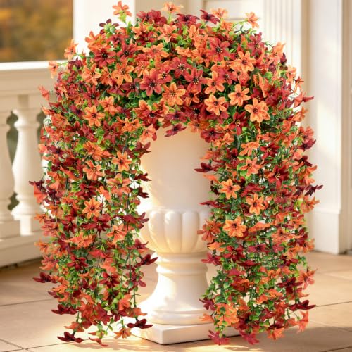 6 Pcs Artificial Hanging Mums for Outdoors, UV Resistant Fake Fall Flowers - color: Red Orange With Green Leaves