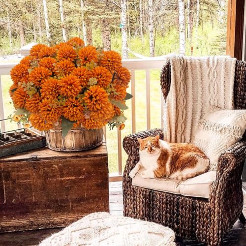 6 Bundles Artificial Mums for Outdoors UV Resistant Fake Fall Flowers for Outdoor Realistic Fall Mums with Eucalyptus Leaves for Planter Front Porch Window Box Patio Garden Autumn Thanksgiving Decor - color: Brown