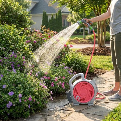 mini portable garden pipe cart, adjustable spray gun with 6 different gears, suitable for various faucets, portable water pipe truck can be used for car washing, watering plants (Pink)