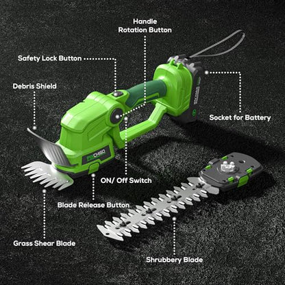 21V Cordless Hedge Trimmer, 2 in 1 Handheld Bush Trimmer with 2000mAh Batteries + Charger, Electric Grass Shear for Garden Yard Lawn Care, Powerful & Lightweight - size: Hedge Trimmer + 1 Battery