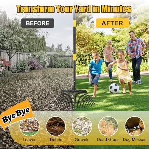 Rake for Leaves: Heavy Duty Metal Leaf Rake with 25 Tines- 18" Wide Head, 79" Splicing Handle, Durable Steel Yard Lawn, Garden,Camping Clean Gardening Tools for Thatch Grass Leaves Gravels Mulch - style: 25 tines-6ft